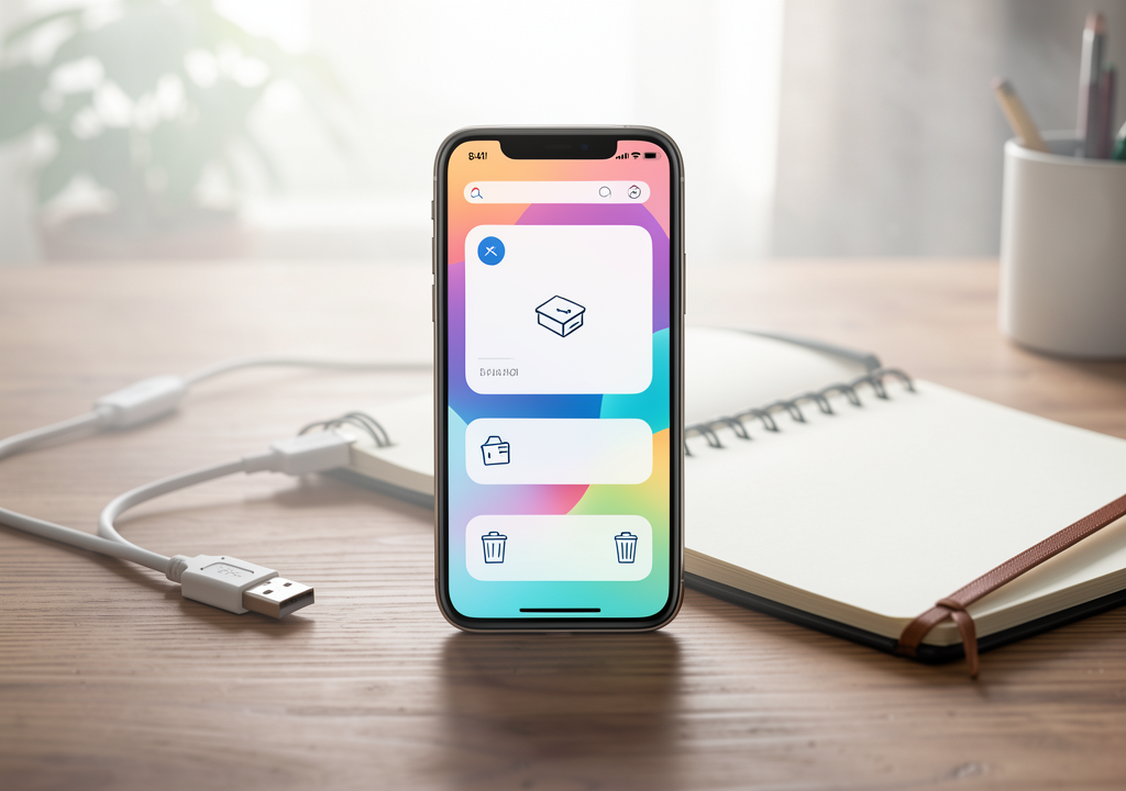 Celular em tela de gerenciamento de apps com caderno de backup e arquivos locais ao lado, sem marcas
